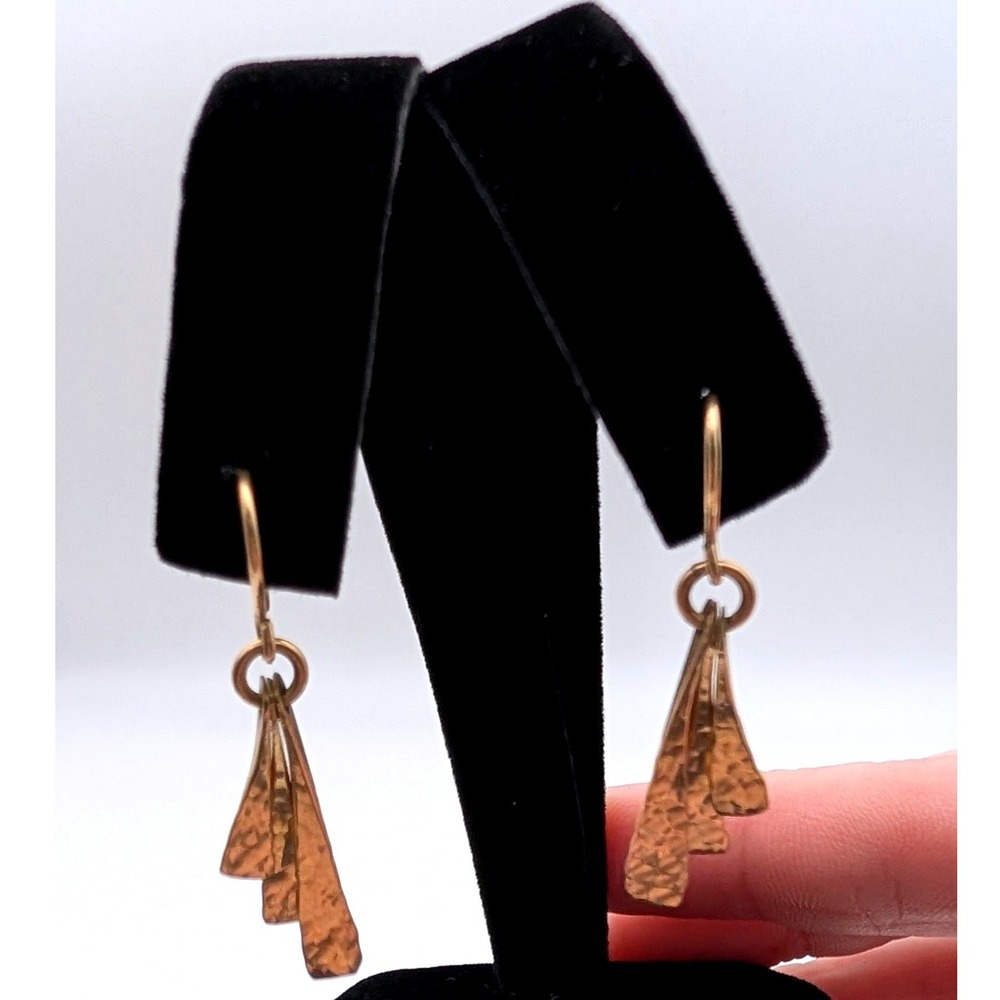 Gold Tone Hammered Triple Tier Dangle Drop Earrings Shepherd Hook Geometric